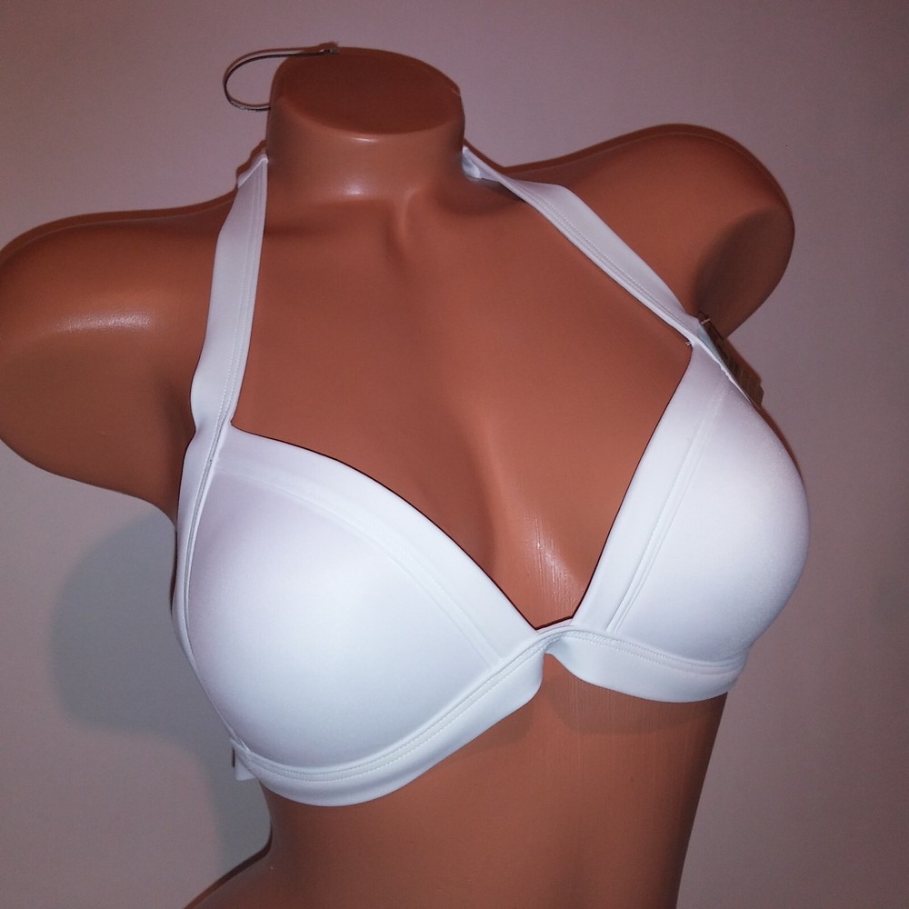 Victoria Secret PINK Swim Bikini Top Medium White Solid Triangle Halter Padded