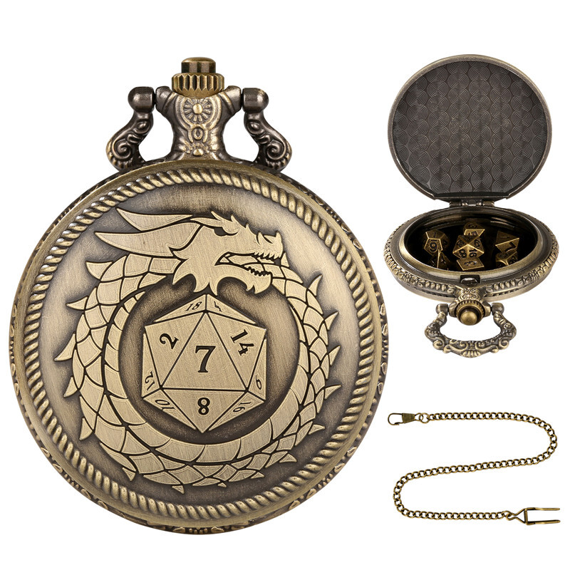 7Pcs Dnd Dungeons & Dragons Polyhedral Dice Set in Dragon D20 Pocket Watch Case