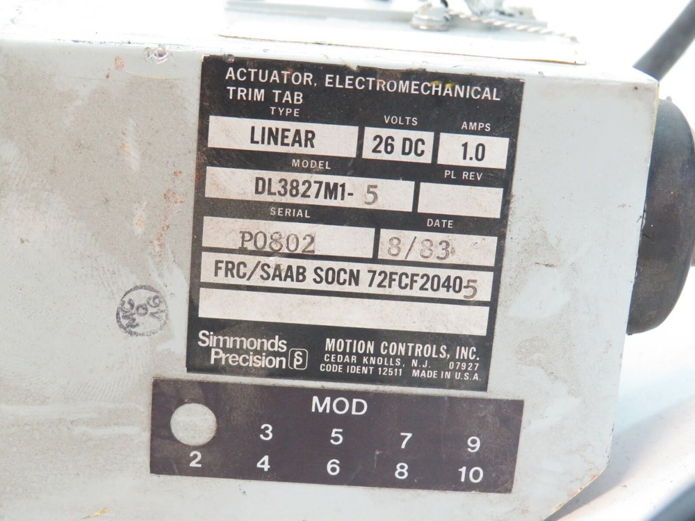 Simmonds Precision DL3827M1-5 Trim Tab Electromechanical Actuator for Saab