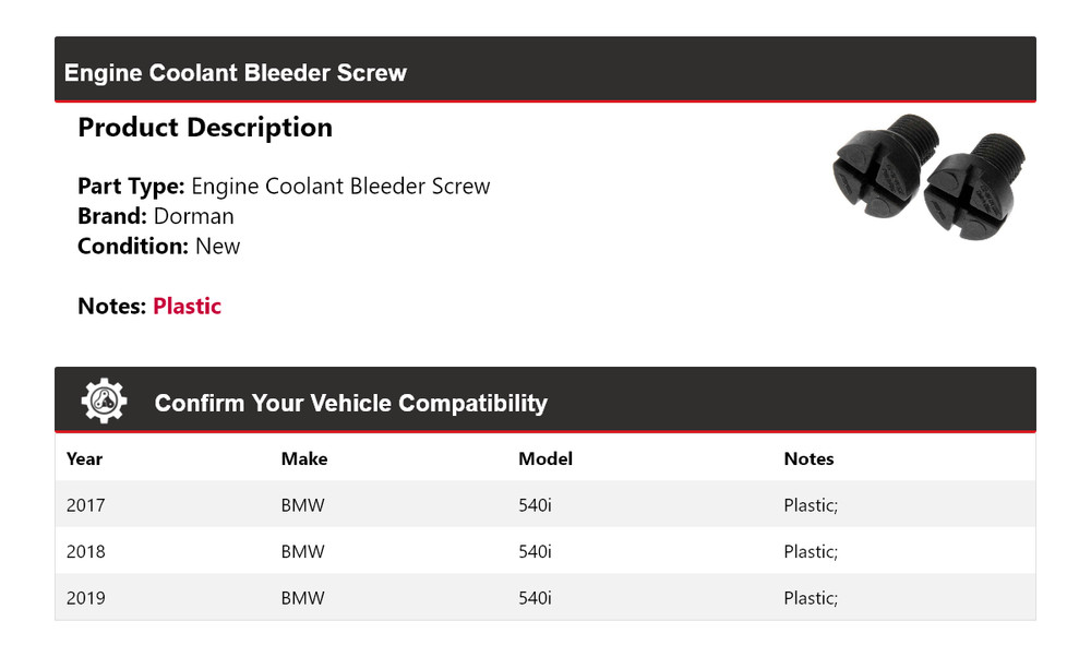 For 2017-2019 BMW 540i Dorman Engine Coolant Bleeder Screw 2018