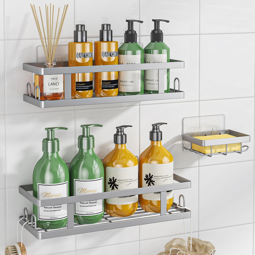 3-PC Adhesive Shower Caddy - Rustproof Shower Shelves with Soap Holder Hooks