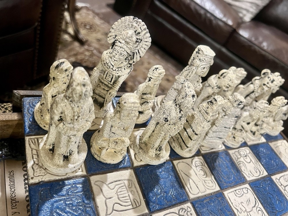 Vintage Handmade Mayan/Aztec Chess Set W/drawer - Complete- Does Not Fold