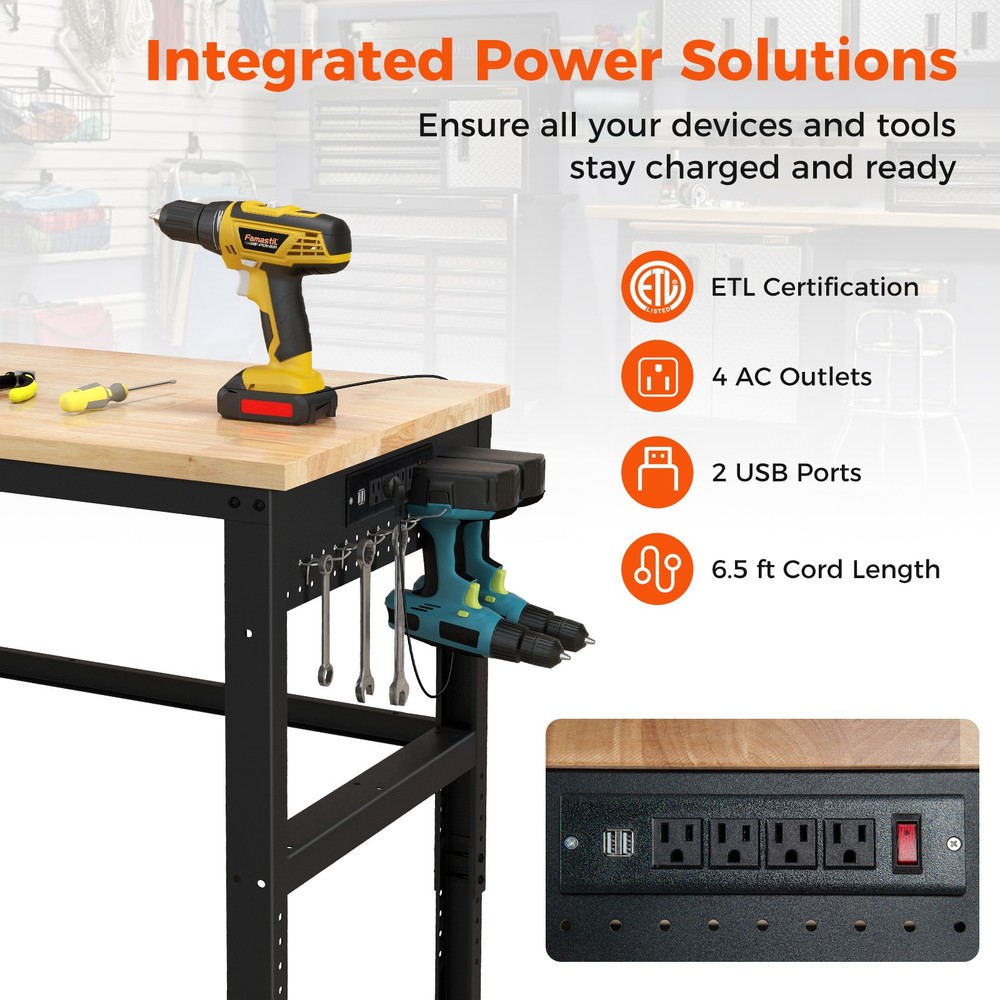 48" Adjustable Workbench Rolling Heavy-Duty Work Table w/ Power Outlet