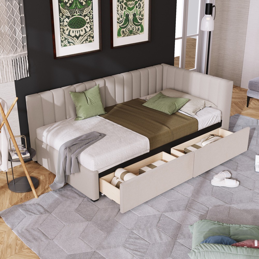 Upholstered Daybed, 2 Drawers, Twin Size Sofa Bed Platform Bed Frames, Guest Bed
