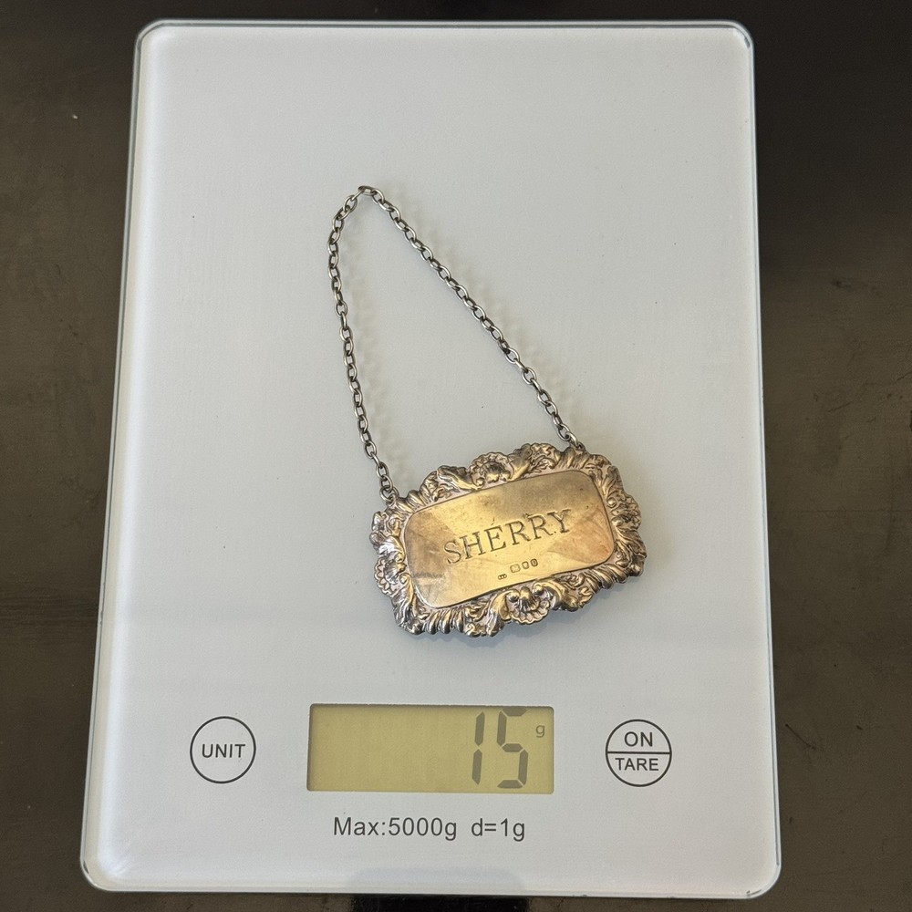 Hallmarked Sterling Silver SHERRY Decanter Label, 1978, London, Shell Pattern