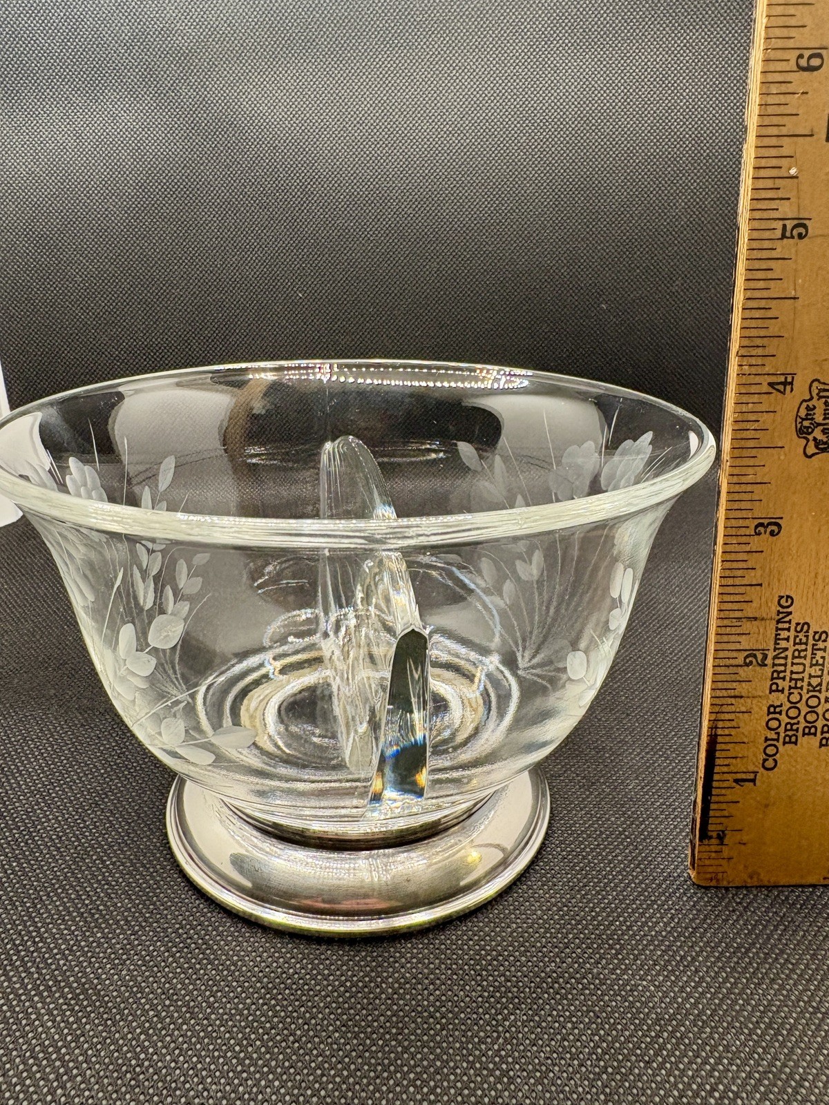 Floral Vintage Etched Glass Divided condiment Bowl with Sterling Silver Base