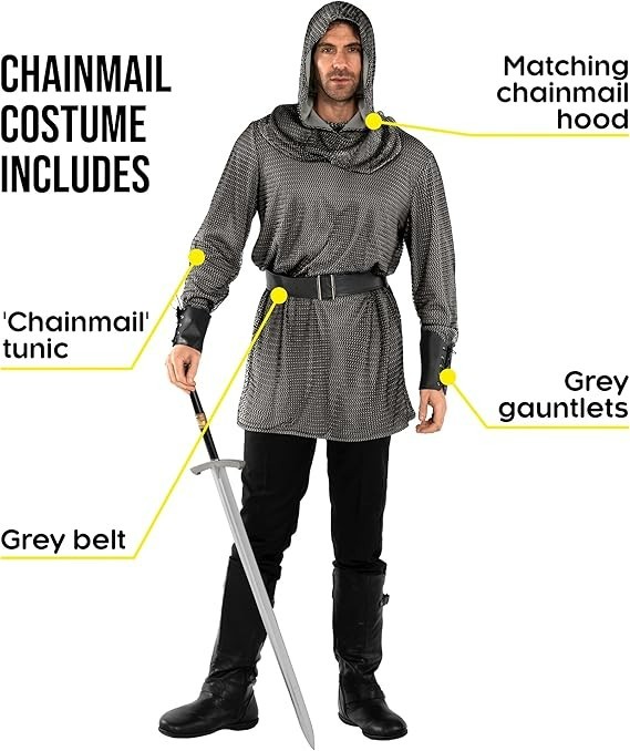 Men`s Medieval Knight Costume Adult Chain Mail Shirt Crusader M - 3XL Halloween