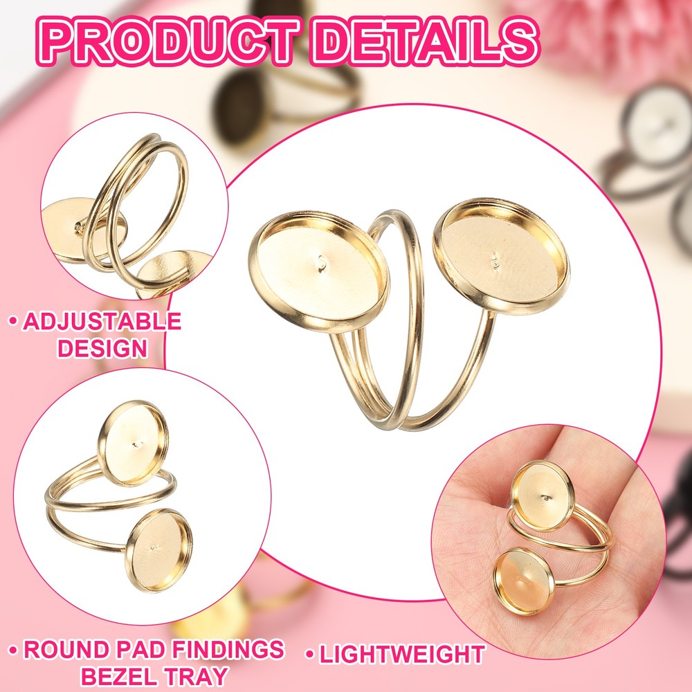 10Pcs Ring Blank Adjustable Finger Ring Blank Base 12mm Champagne Gold