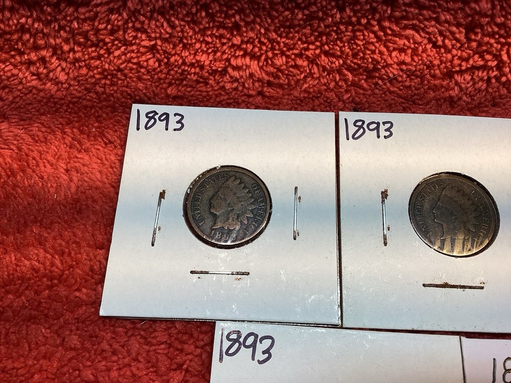 FIVE 1893 INDIAN HEAD PENNIES