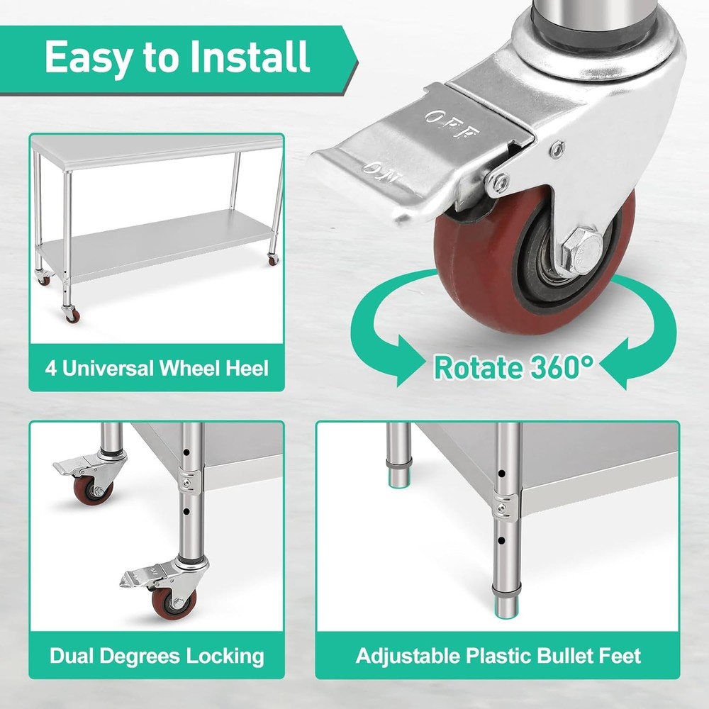 Stainless Steel Kitchen Prep Table with Casters & Backsplash