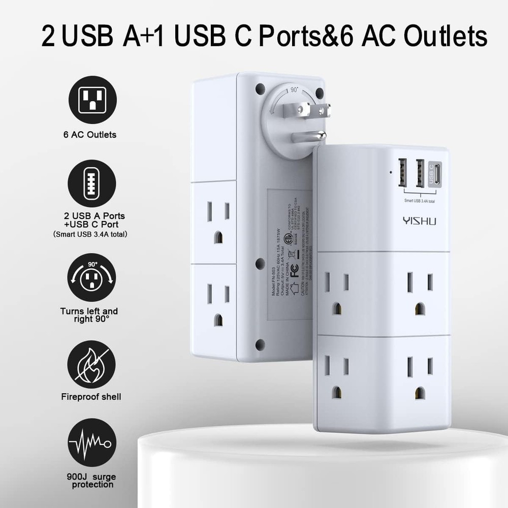 6 AC Plug Extender with 3 USB Ports - USB Multi Plug Outlet Surge Protector
