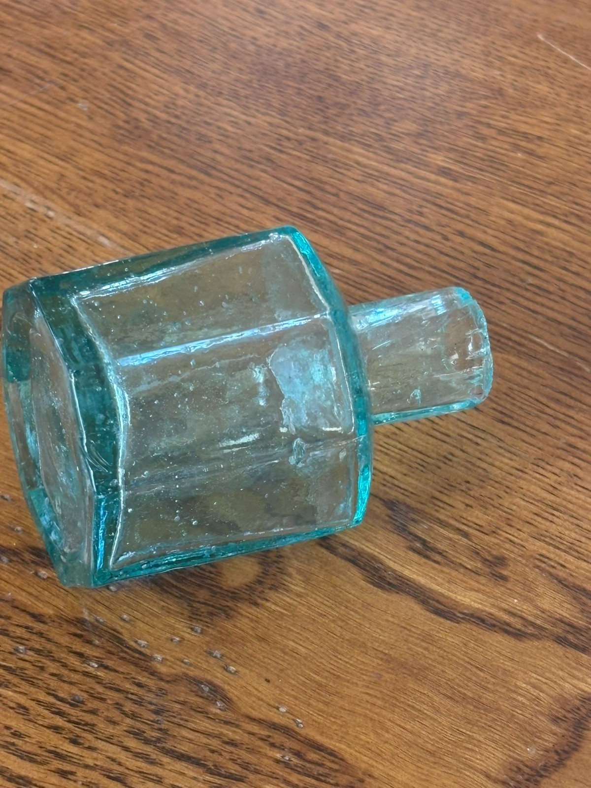 DEEP AQUA INK BOTTLE ALL SHEAR TOP - ANTIQUE BOTTLES /INKS