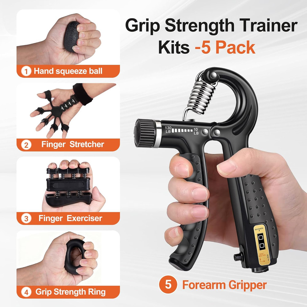Grip Strength Trainer Kit (5 Pack) Adjustable Resistance Hand Gripper,Finger Exe