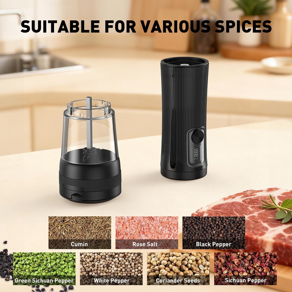 Salt and Pepper Grinder Set, Upgrade 2-Speed Setting, External 5 Adjustable C...