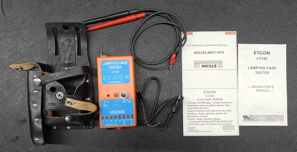 ETCON LT130 LAMP & VOLTAGE & CONTINUITY TESTER with Leads & Leather Case.