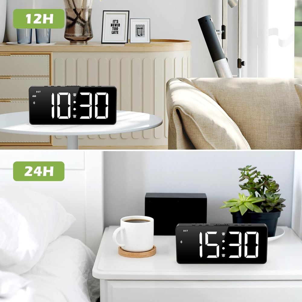 7 Inch Digital Alarm Clock with Bluetooth Sync Time, Auto-Sync Time, Adjustable