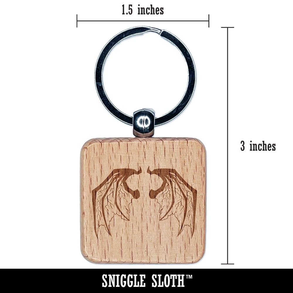 Demon Wings Engraved Wood Square Keychain Tag Charm