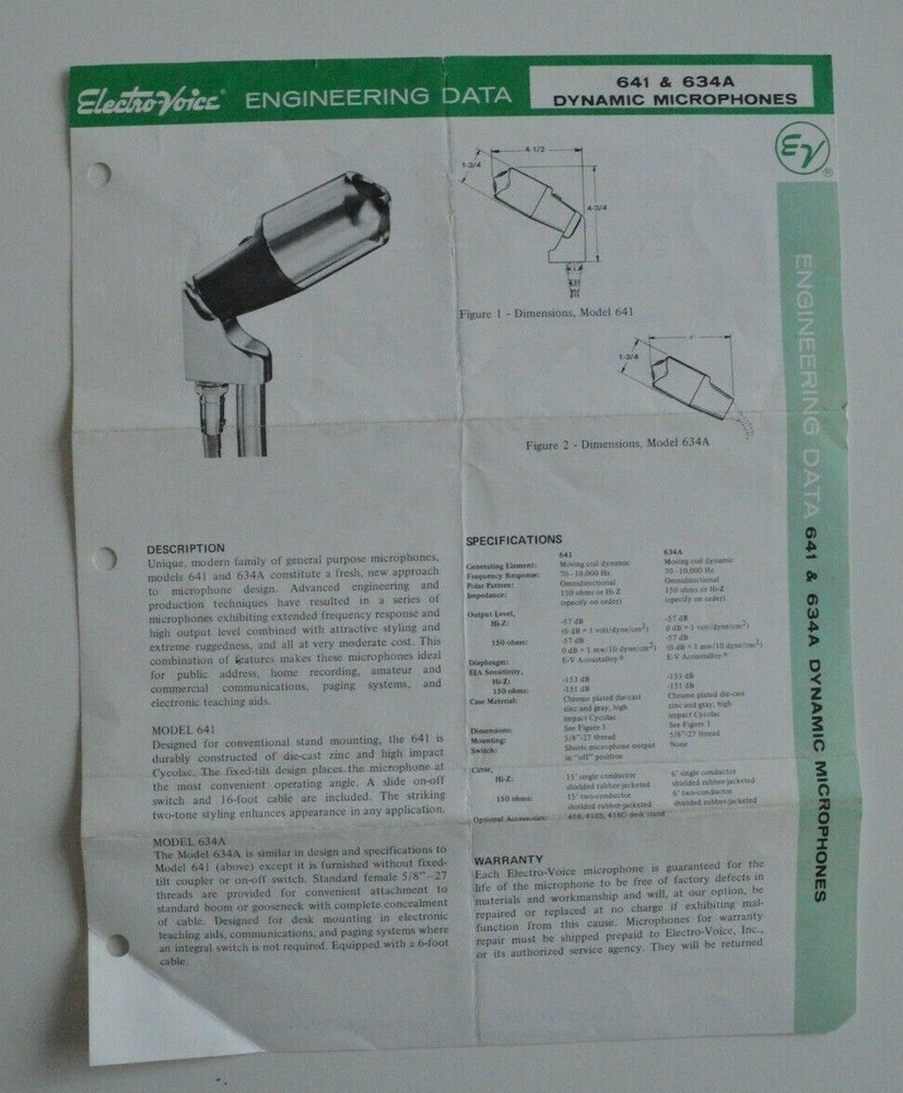 ELECTRO-VOICE 641 & 634A Dynamic Microphones Engineering Data Sheet brochure