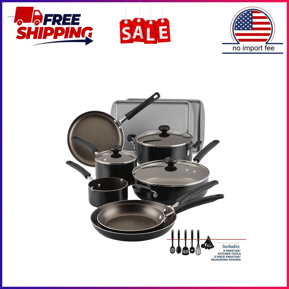 Farberware Easy Clean 22 Pcs Nonstick Cookware Set, Dishwasher Safe, Black
