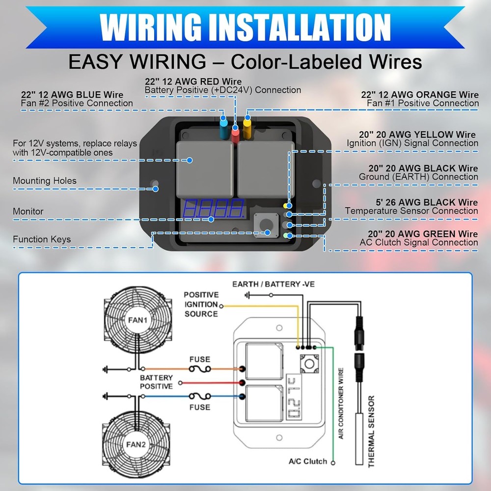 Digital Electric Radiator Fan Controller Switch Kit, Adjustable DC24V