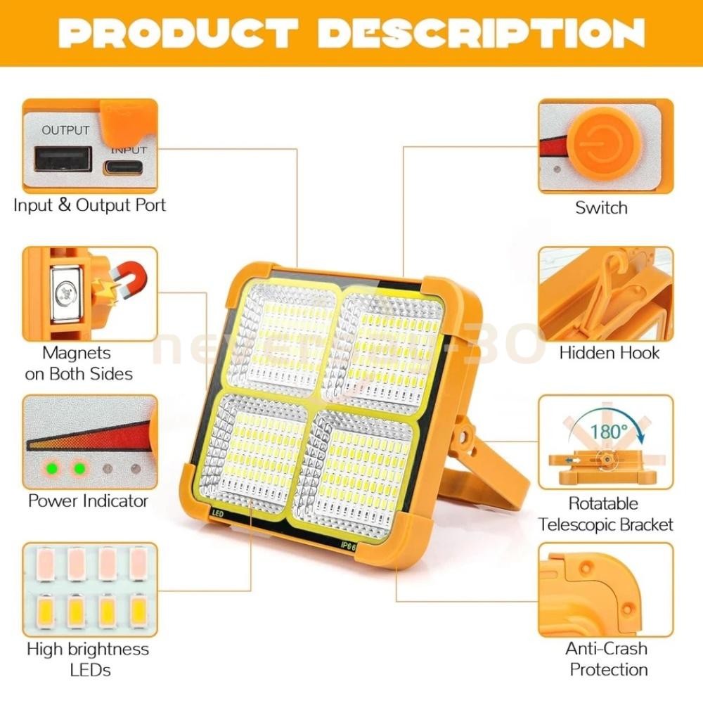 Portable LED Solar Work Light USB Rechargeable Emergency Worklight Security Lamp