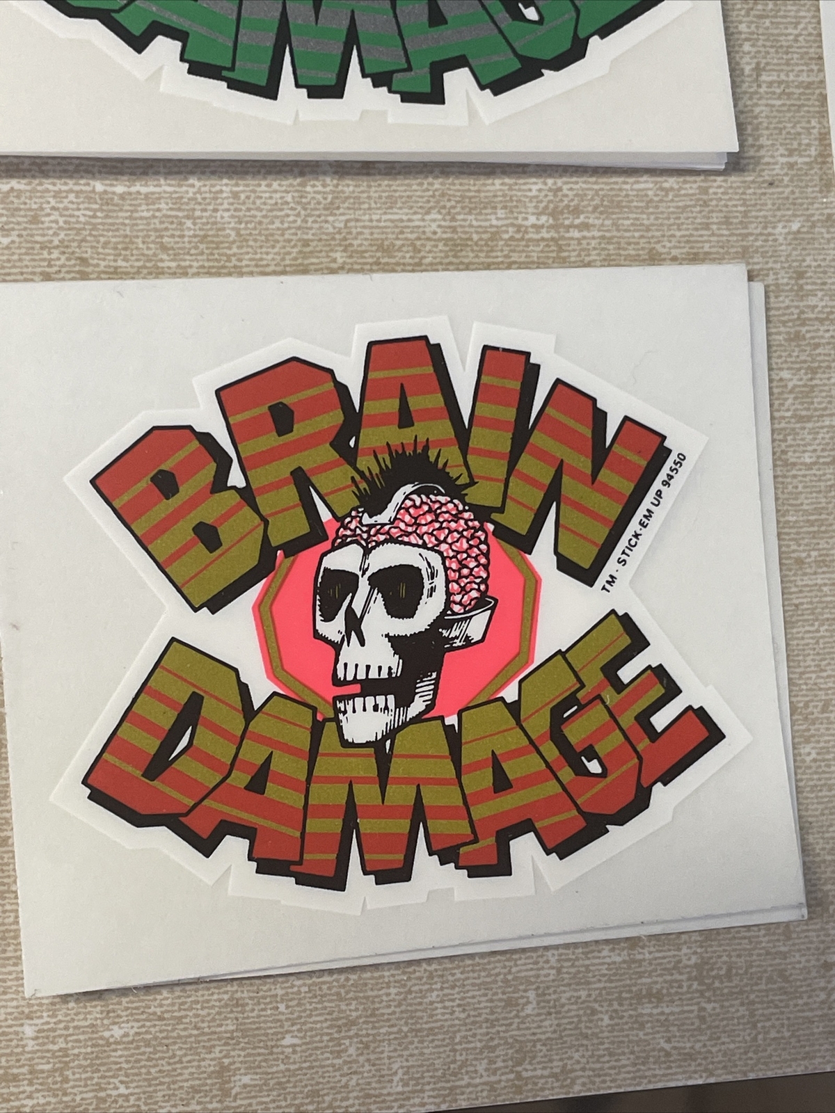 Rare 80s 90s Brain Damage SKATEBOARD Deck STICKER Vtg 2.5” Skater Helmet Punk