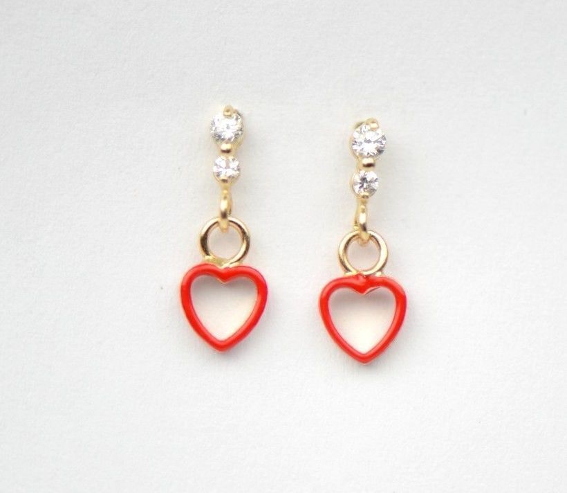 14K Solid Yellow Gold Heart Shape Dangle Earring with Enamel