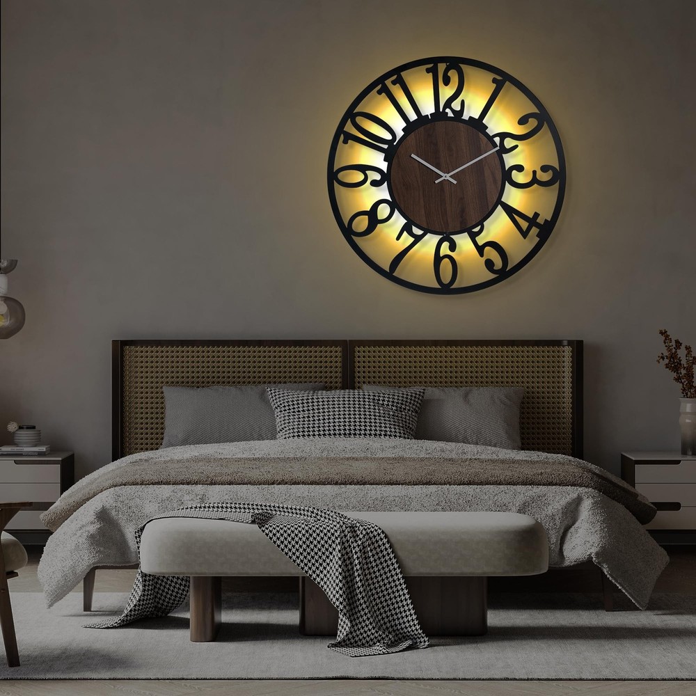 LEIKE Large Wall Clock 32'' Lighted Rustic Wood Clock with Remote Timer, Sile...