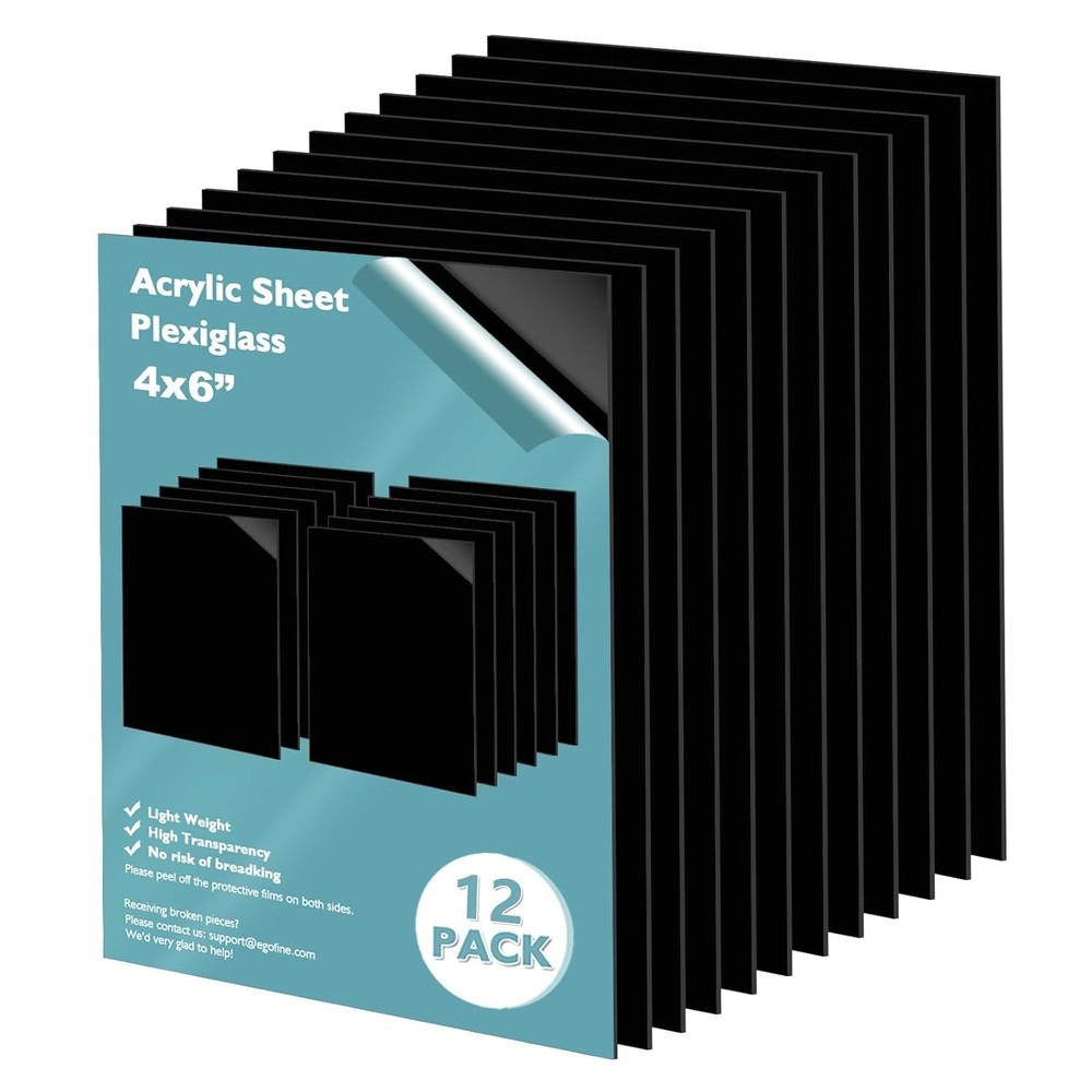 12-Pack 4" x 6" Black Plexiglass Sheets - Durable Cast Acrylic for Crafts