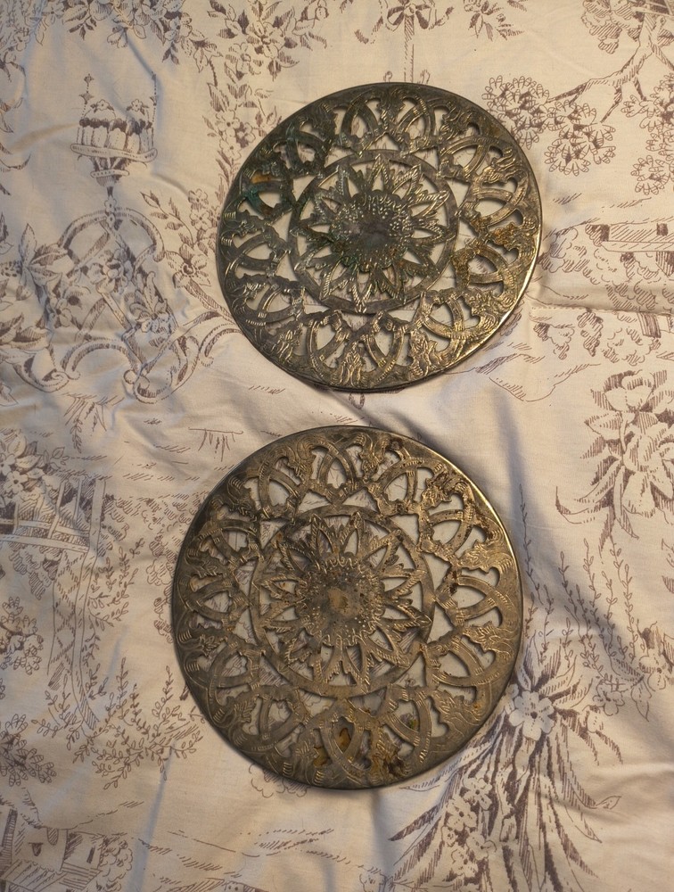 2 Vintage Silver Plated Glass Inlay Floral Trivets