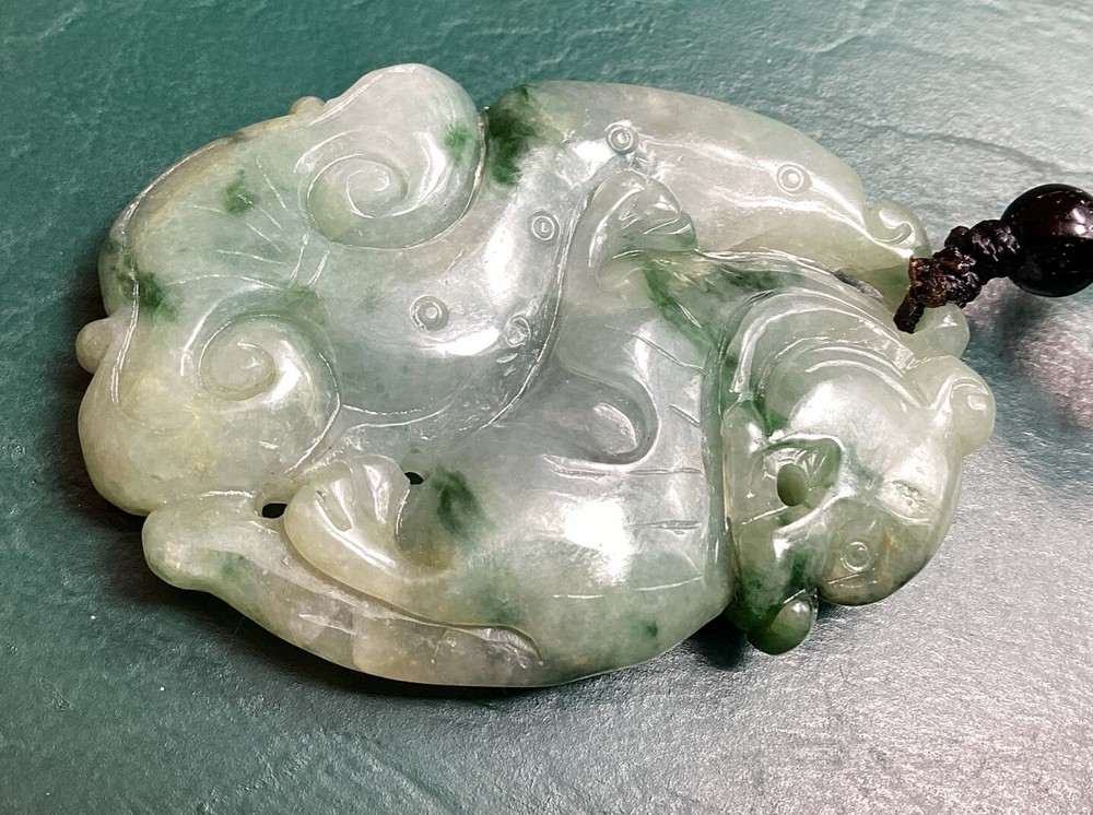 Green 2 Sided Jadeite Bear & Mushroom Translucent Pendant
