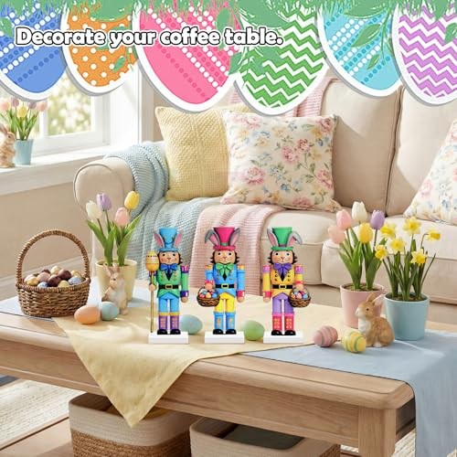 3 Pcs Easter Nutcracker Decorations 7 in Wooden Traditional Multicolor Bunny