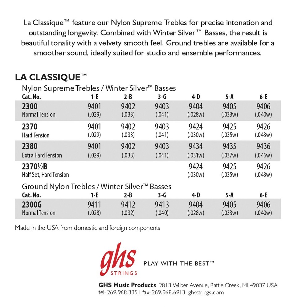 GHS 2300 La Classique™ Classical Guitar Strings; normal tension