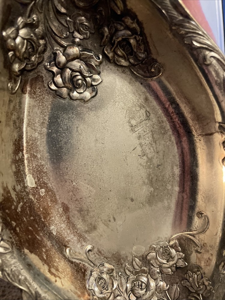 Vintage Silver Plate Roses Dish Shabby Worn Silverplate Tray
