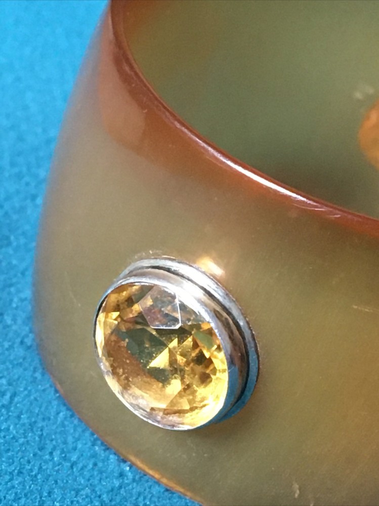 Antique Bakelite Napkin Ring Solid Silver Shield And Amber Crystal