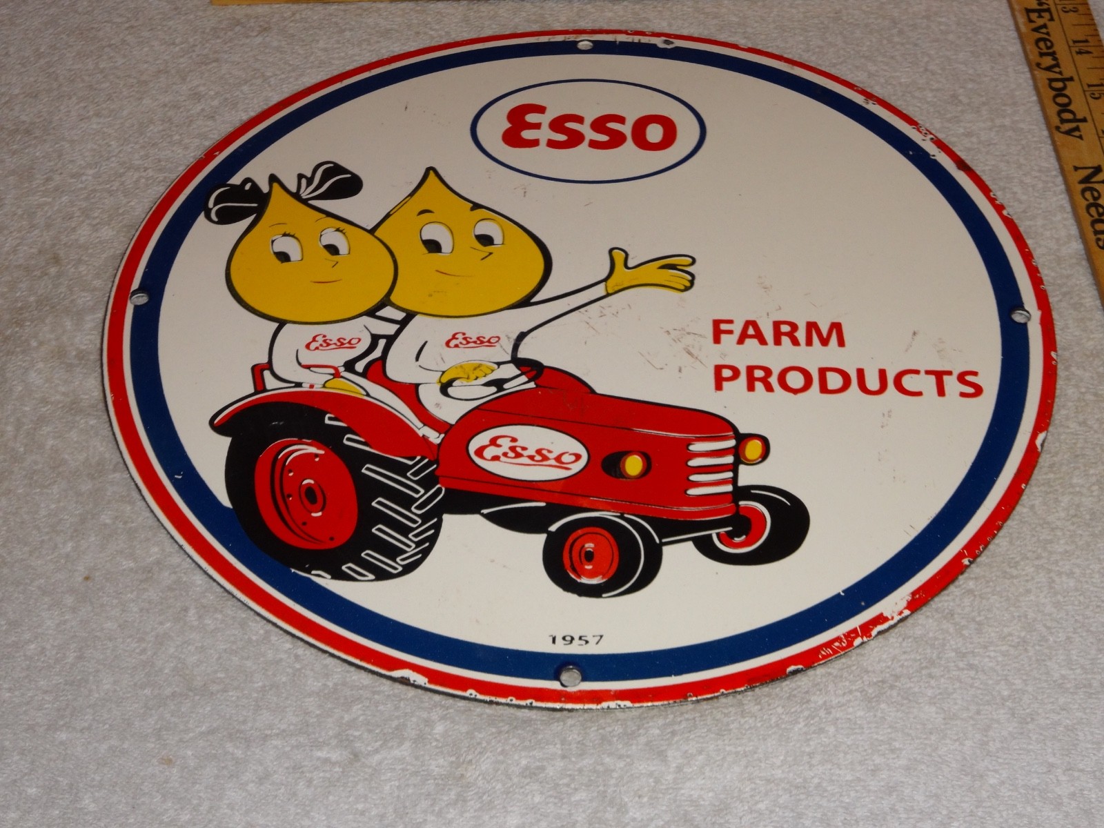 VINTAGE 1957 ESSO FARM OIL DROP BOY GIRL 11 3/4" PORCELAIN TRACTOR GASOLINE SIGN