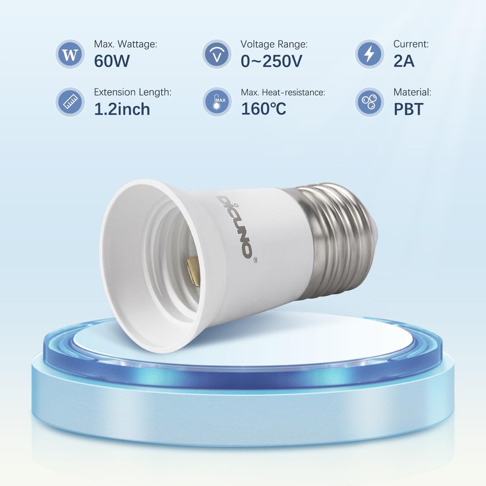 DiCUNO E26 3CM/1.2 Inch Socket Extender, Lamp Bulb 4-Pack, White