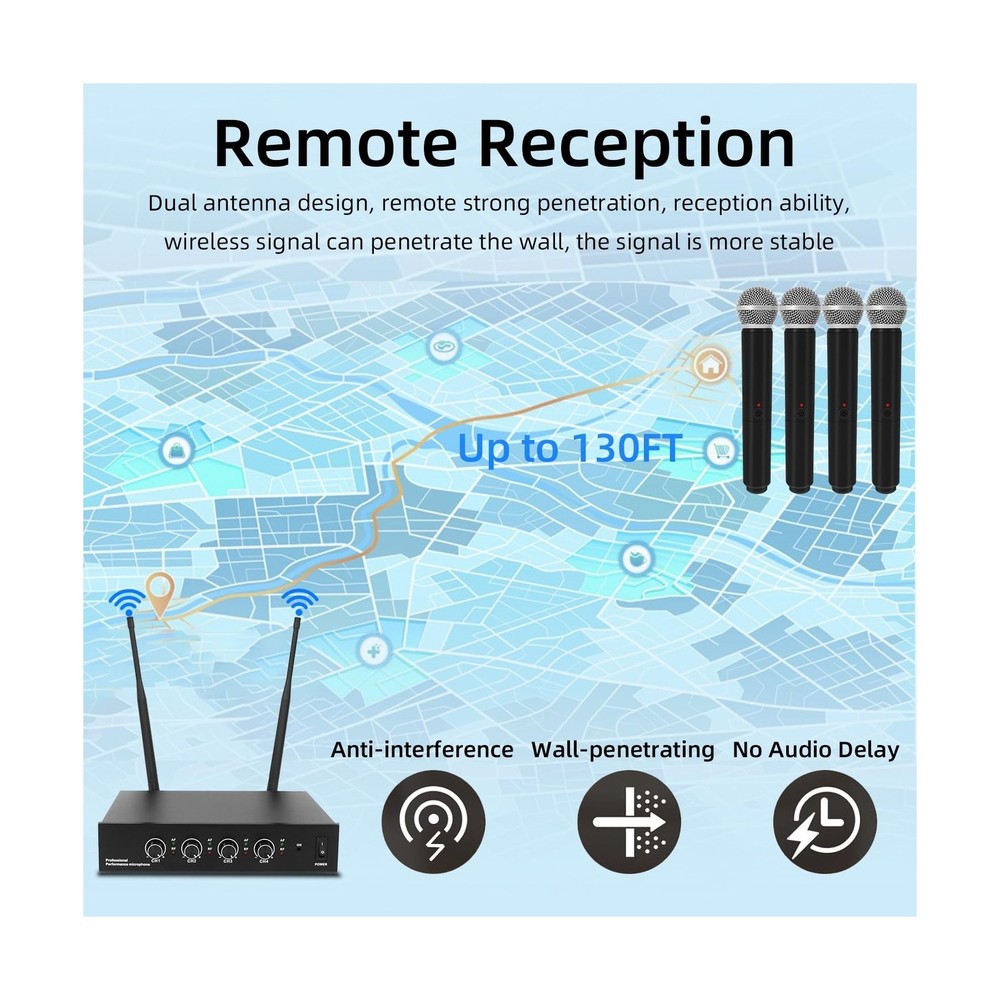 Wireless Microphone System, 4-Channel Wireless Mic with 4 Handhelds Dynamic M...