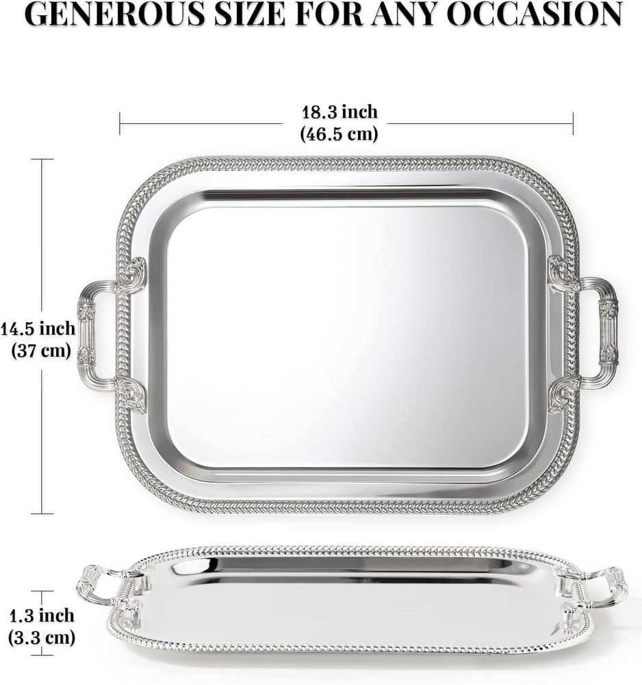 Rectangular Silver Serving Tray with Handles, Beautiful Mirror Polis 18.5”x14.5”