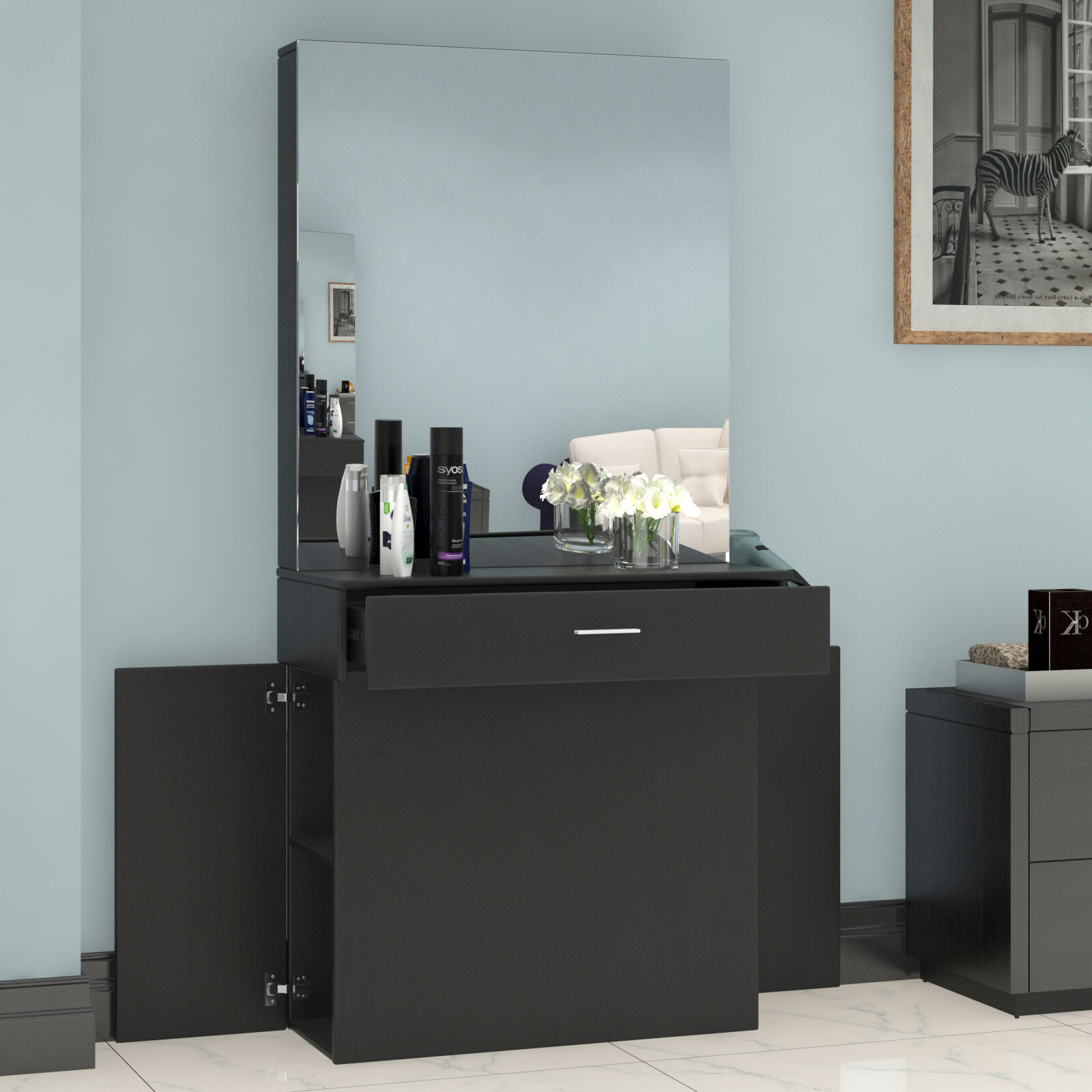 Black Wall Mount Barber Station W/Mirror Dressing Table Beauty Spa Salon Styling