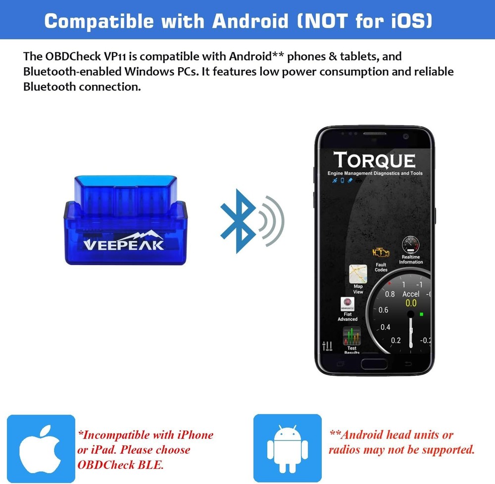 Veepeak Mini Bluetooth OBD2 Scanner for Android – Not Compatible with iOS –