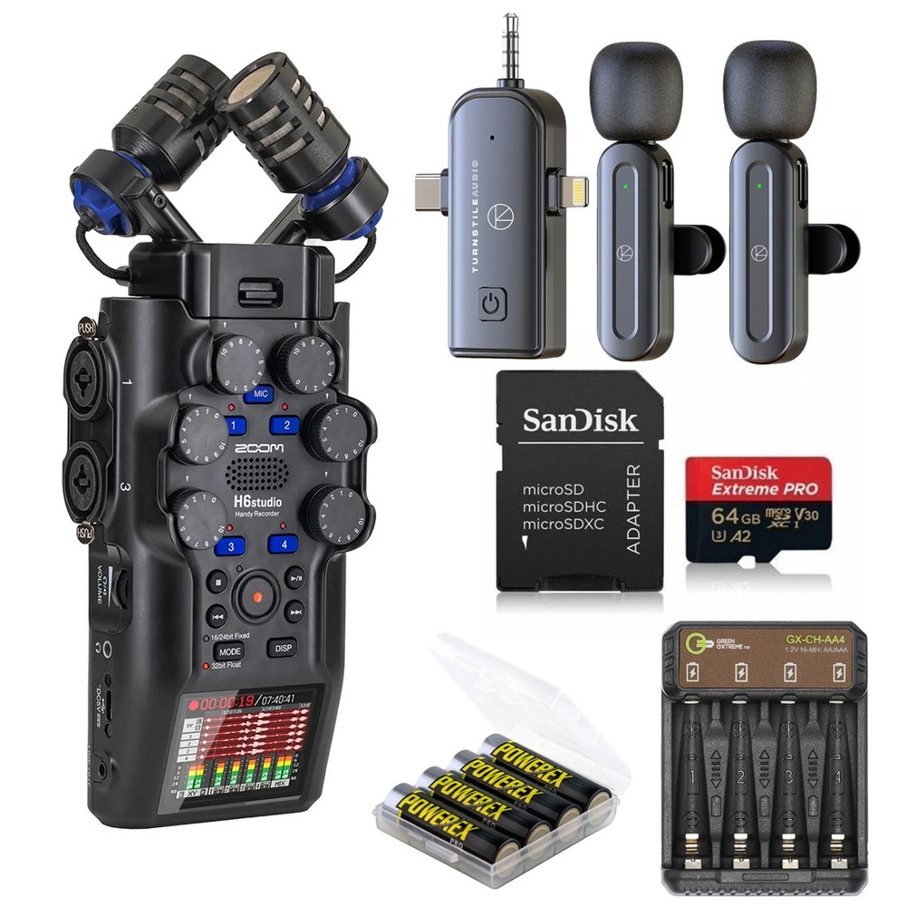 Zoom H6studio 8-Track 32-Bit Float Handy Recorder, Bundle with Wireless Lavalier