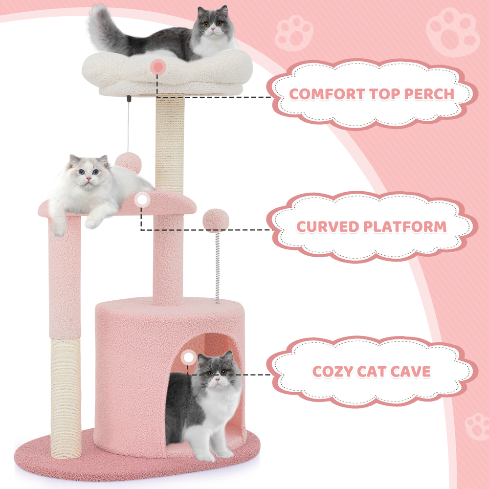 33" Cat Tree Tower Multi Level Scratching Post Pink Flower Activity Center Toys