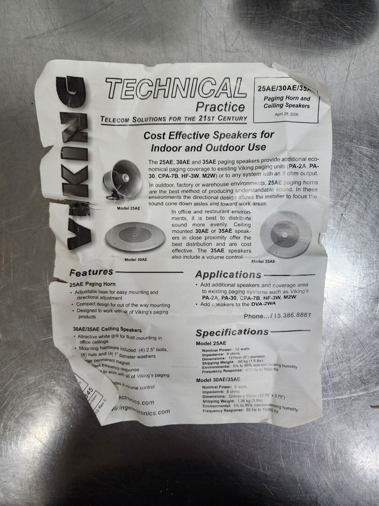 VIKING ELECTRONICS Directional Paging Horn Model 25AE - NEW