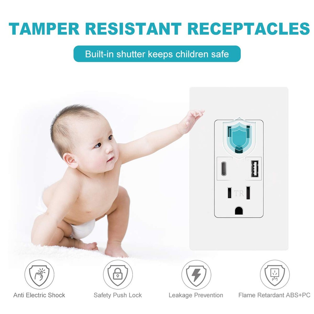 1-10PCS USB Type C Wall Outlet Duplex Receptacle 15A, Smart 2.1A Quick Charging