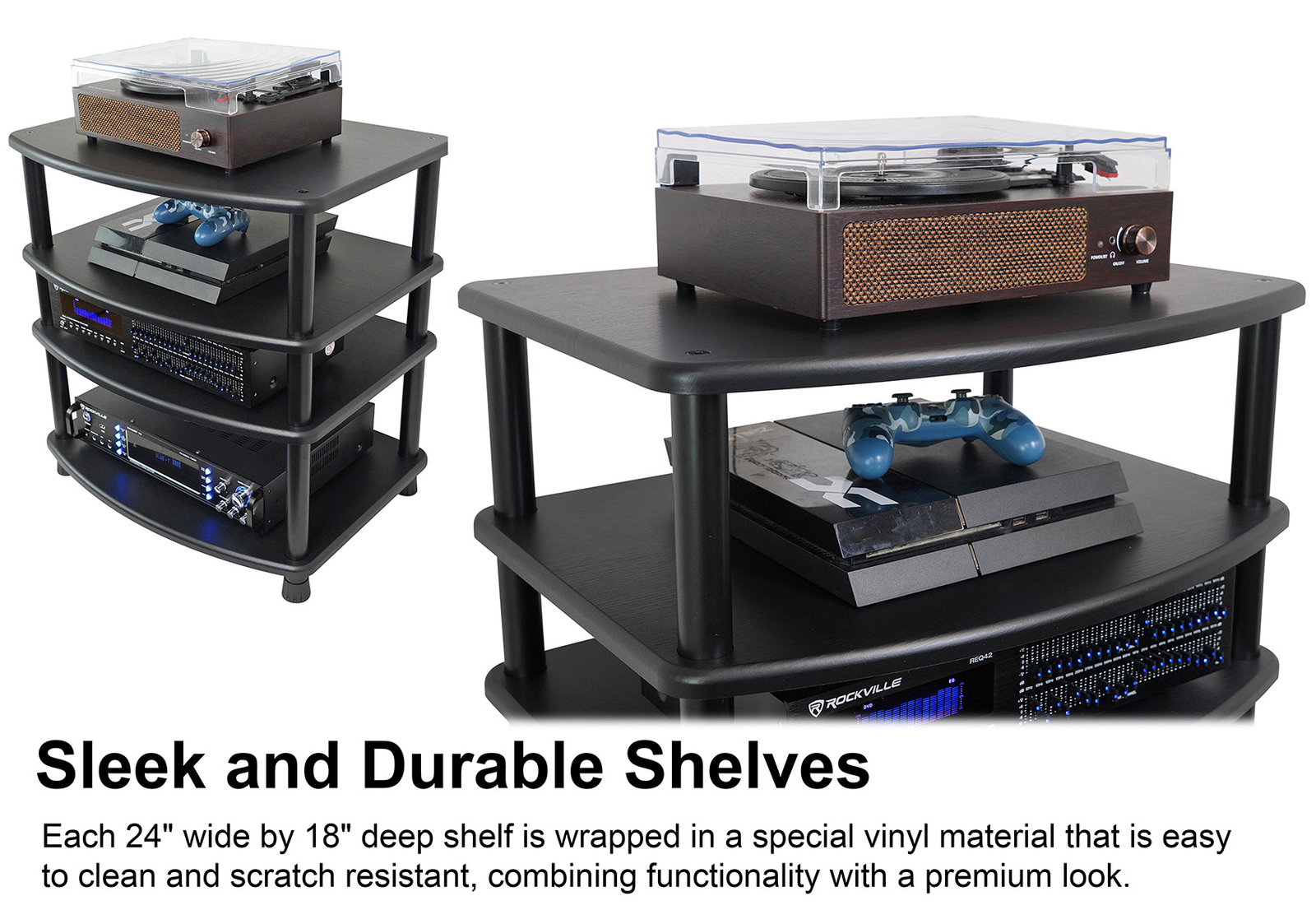 Rockville FLX BLACK Adjustable Height 4 Shelf Home Theater A/V Audio Rack Stand