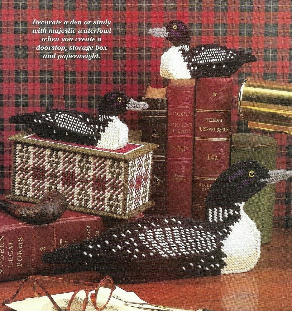 LOONS STUDY SET DUCK STORAGE BOX DOORSTOP PLASTIC CANVAS PATTERN INSTRUCTIONS