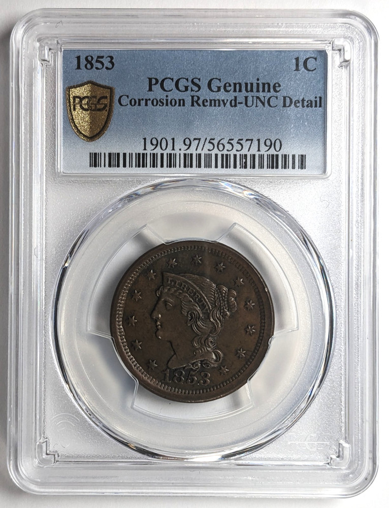 1853 Braided Hear Large Cent PCGS Unc Detail