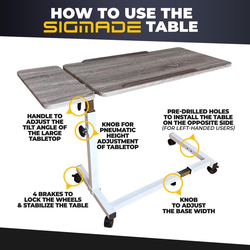 Recliner Table, Over the Bed Table with Wheels, Adjustable Width & Height, wi...