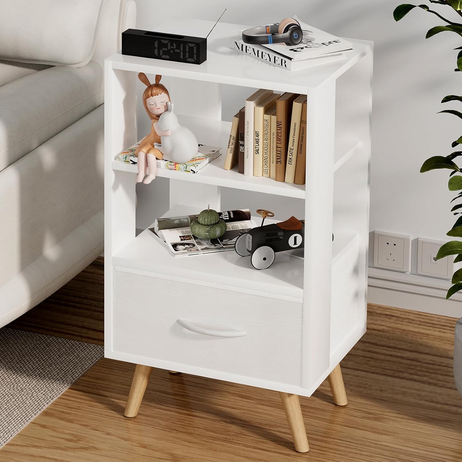 Night Stand White Kids Nightstand W/ Drawer Nursery Side Table W/ Open Storage